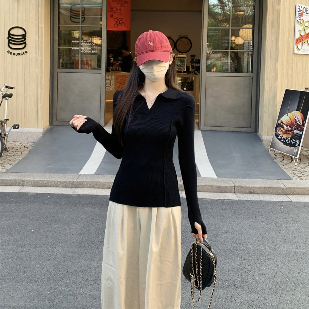 襟付きスリットネックニットトップス