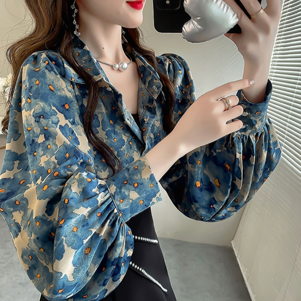 水彩風花柄パフスリーブブラウス