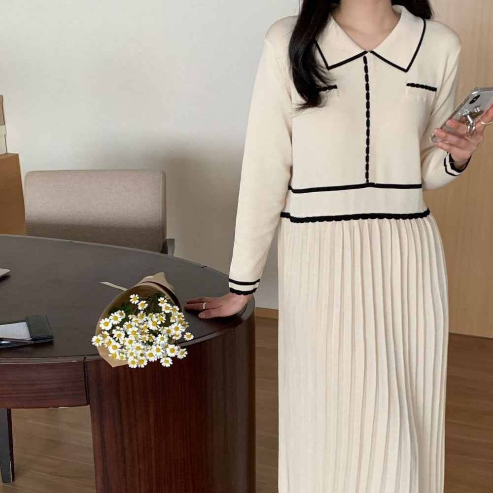 バイカラーラインプリーツニットワンピース
