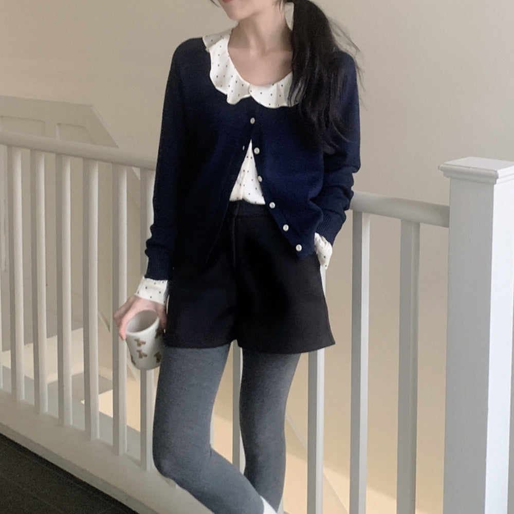 マイクロドットフリルネックサテンブラウス