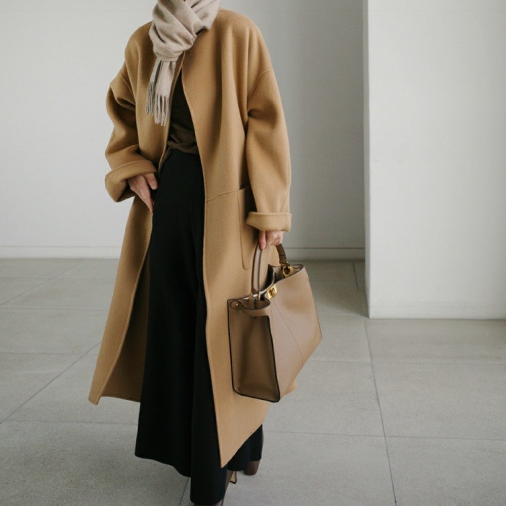 ノーカラーロングラップコート