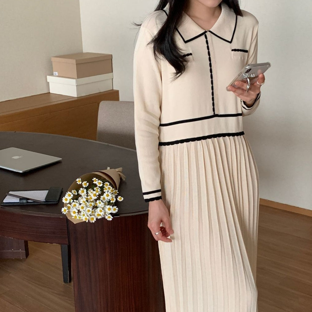 バイカラーラインプリーツニットワンピース