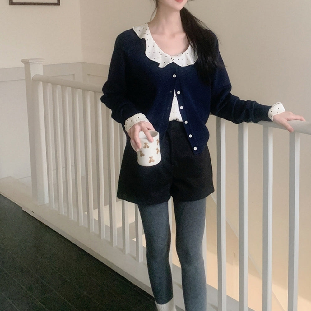 マイクロドットフリルネックサテンブラウス