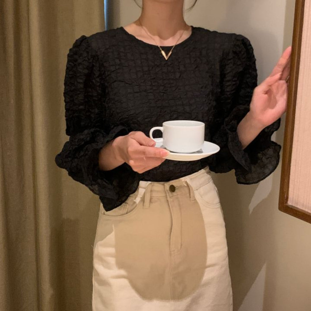 ワッシャー加工フリル袖トップス