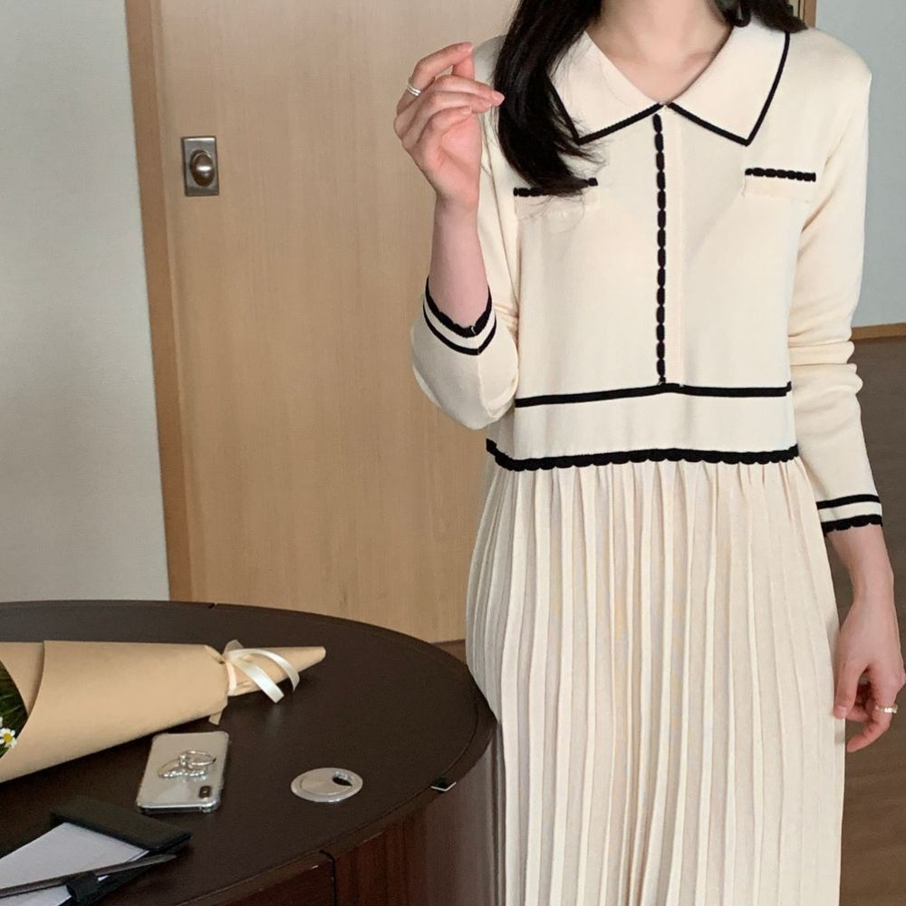 バイカラーラインプリーツニットワンピース