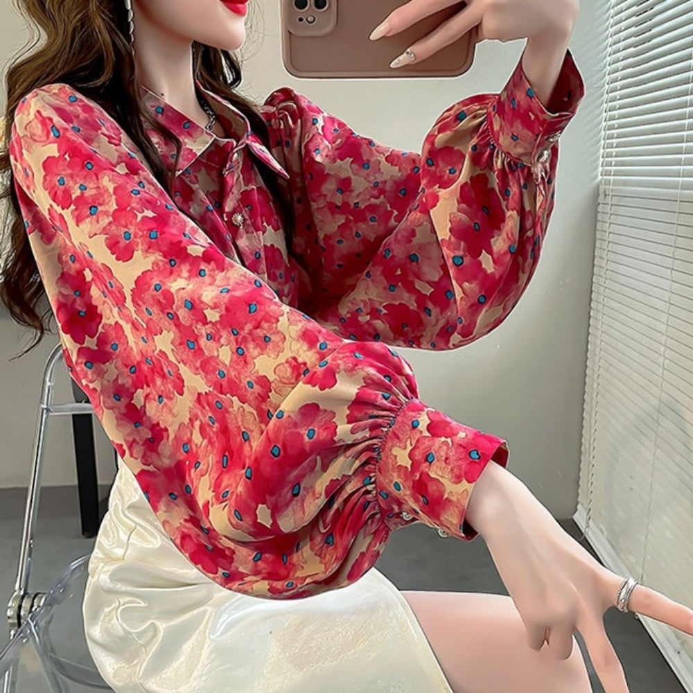 水彩風花柄パフスリーブブラウス