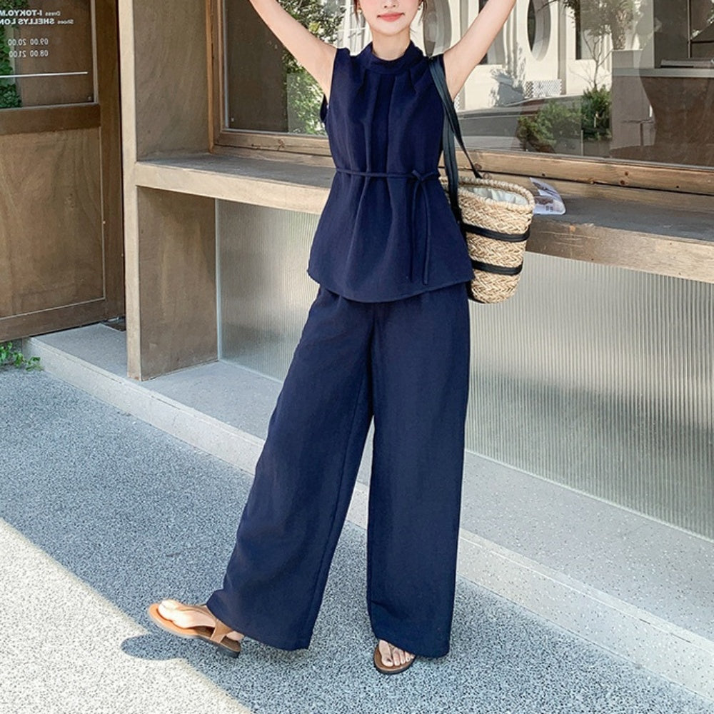 スタンドカラーノースリーブ・ワイドパンツセットアップ