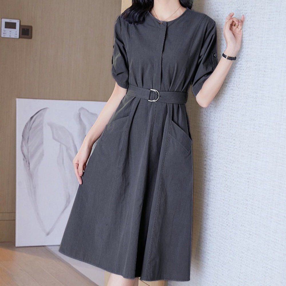 ベルト付きひざ丈Aラインワンピース|オフィスカジュアル レディース 通販【ミレジェネ】