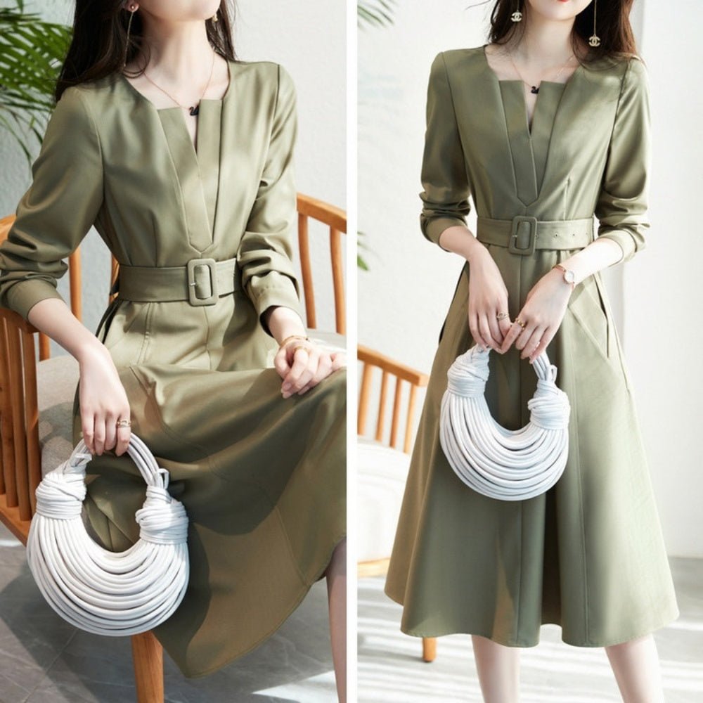 オフィスカジュアル 春 ウエストベルトAラインワンピース ミレジェネ