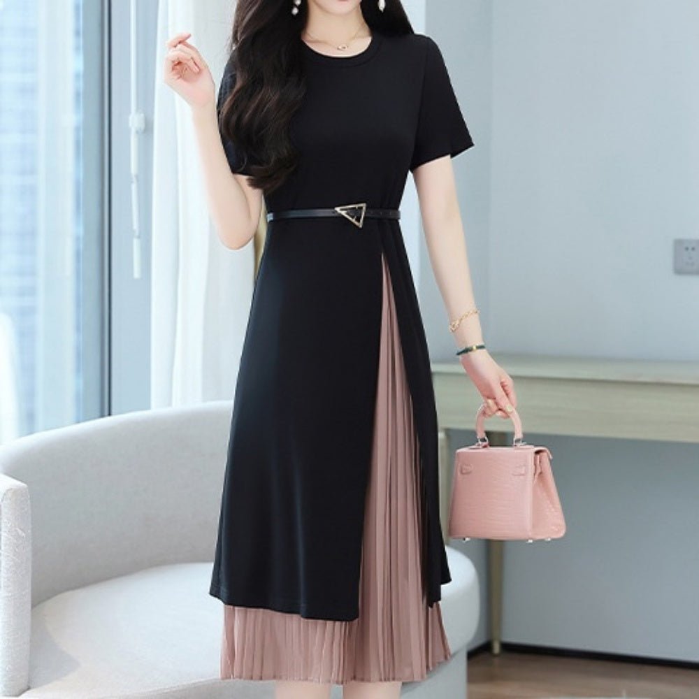 ベルト付きプリーツ切り替え半袖ワンピース|オフィスカジュアル レディース 通販 Millennial Generation【ミレジェネ】