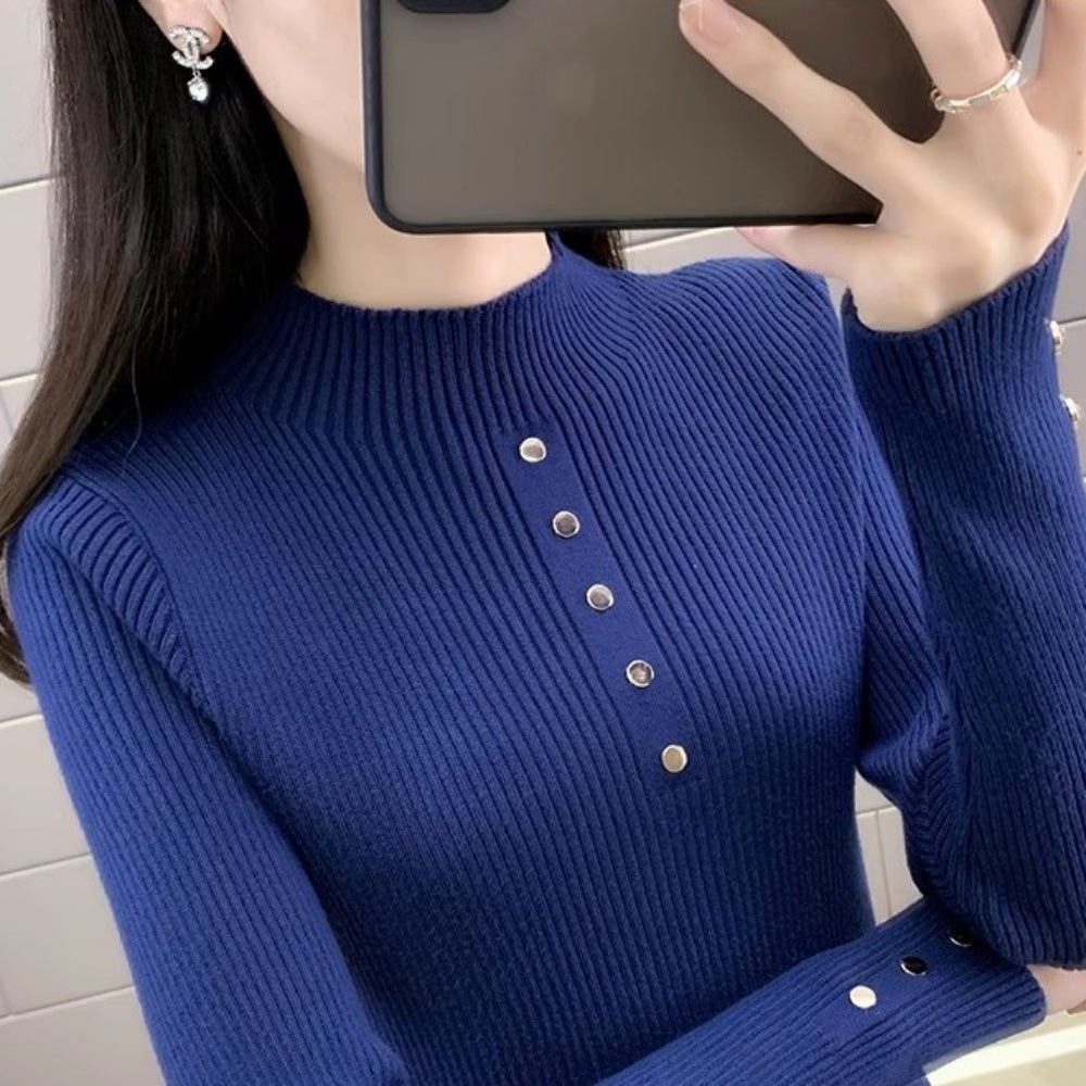 金ボタンデザインハイネックリブニット|オフィスカジュアル レディース 通販【ミレジェネ】