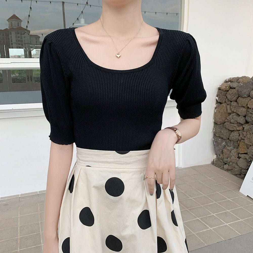 パフスリーブ半袖リブニット|オフィスカジュアル レディース 通販【ミレジェネ】