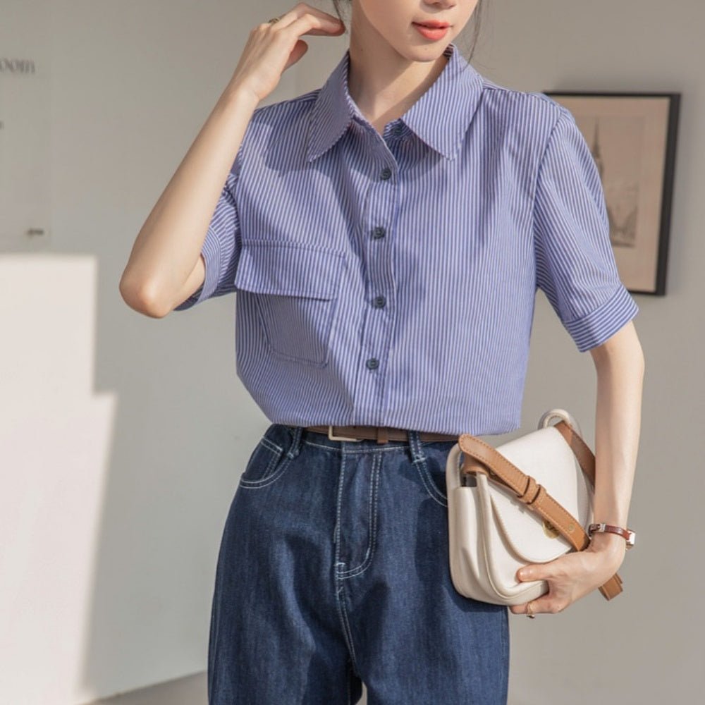 オフィスカジュアル 夏 ピンストライプ胸ポケット付きシャツ ミレジェネ