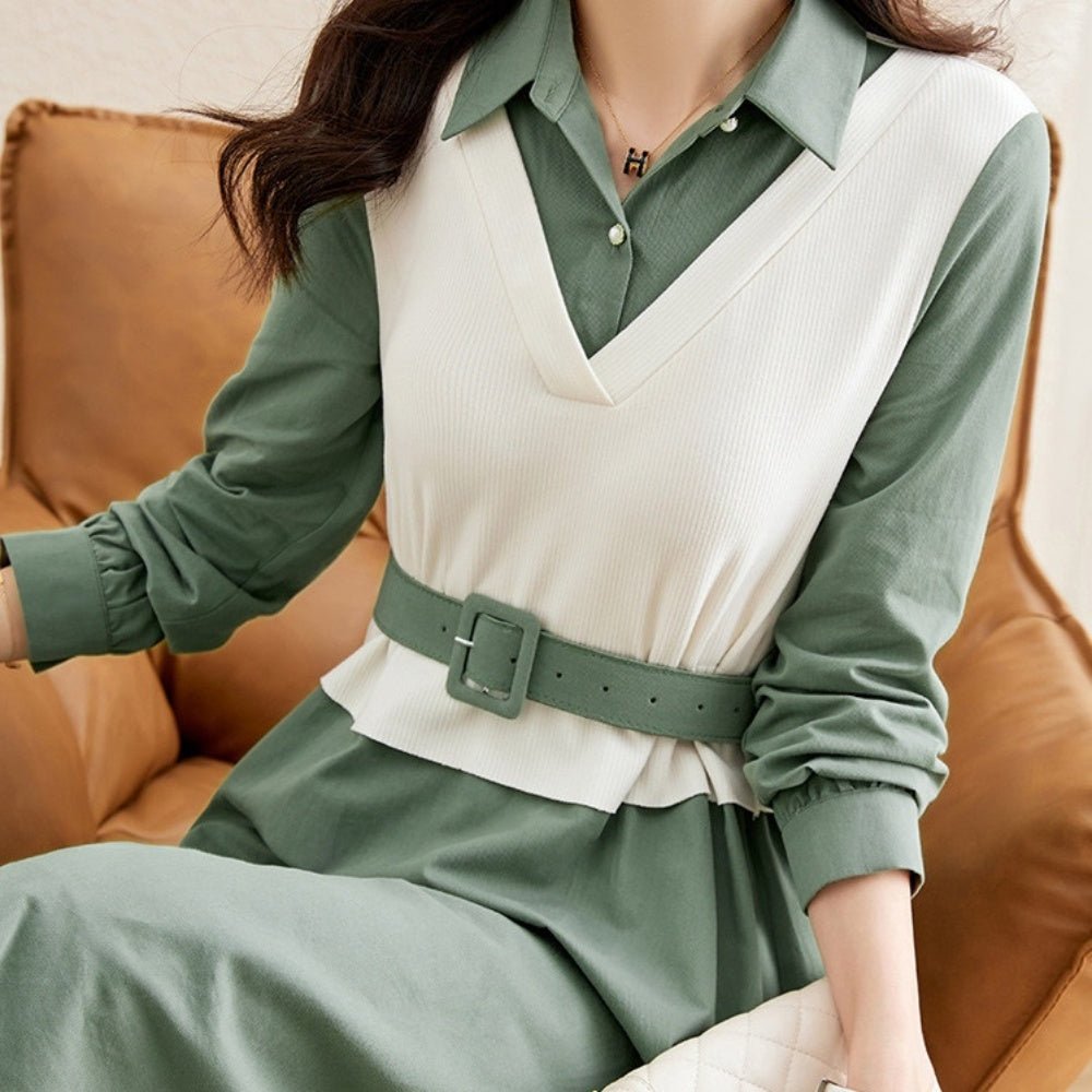 ベスト風異素材切り替えシャツワンピース|オフィスカジュアル レディース 通販 Millennial Generation【ミレジェネ】