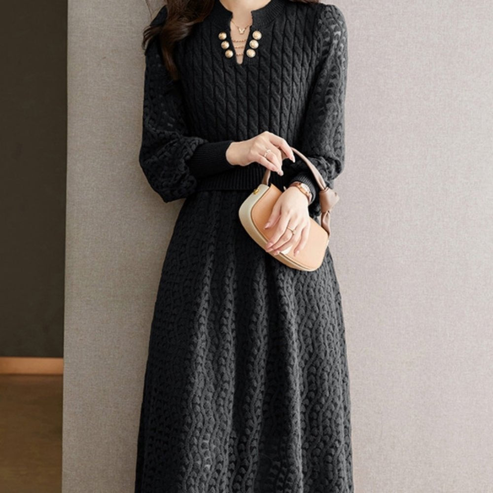 ランタンスリーブシースルー編みニットワンピース|オフィスカジュアル レディース 通販【ミレジェネ】