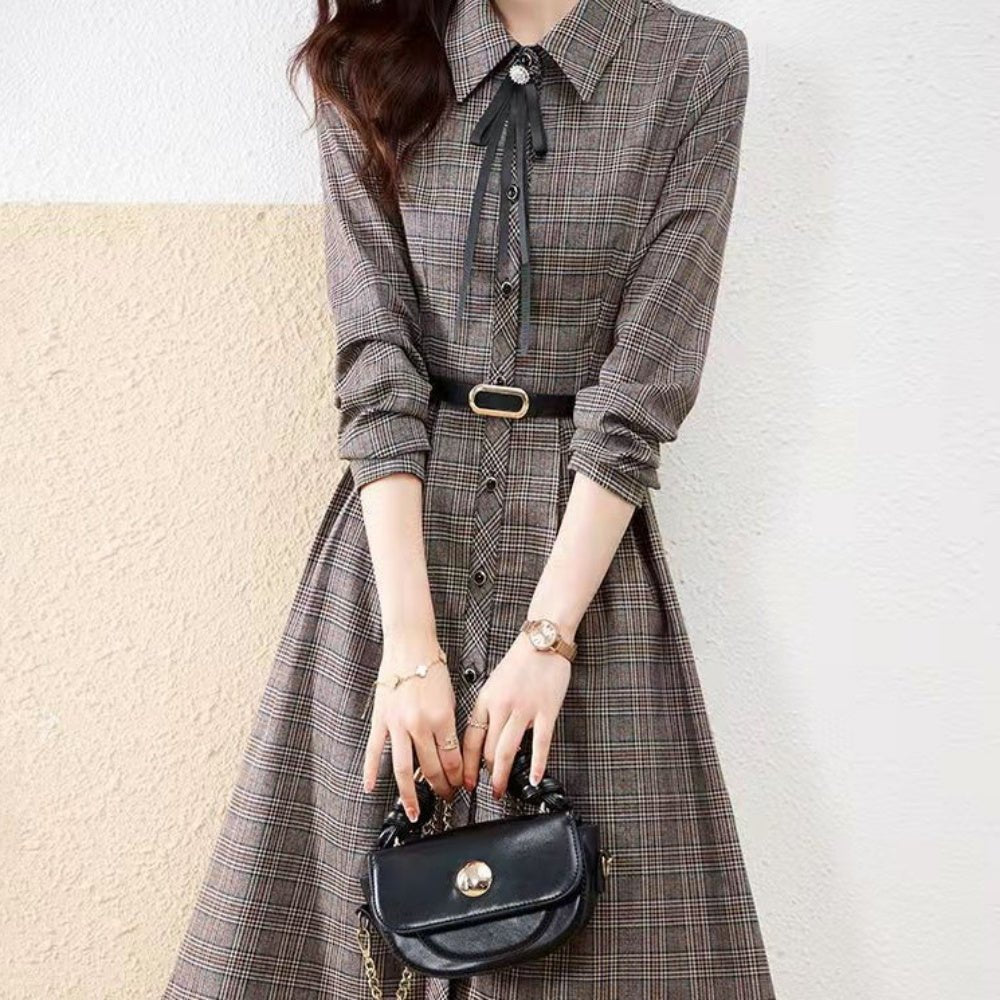 リボン付きチェック柄ひざ丈ワンピース|オフィスカジュアル レディース 通販【ミレジェネ】