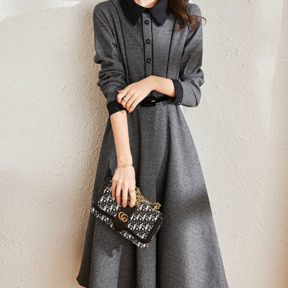 襟付き腰ベルトロングワンピース|オフィスカジュアル レディース 通販【ミレジェネ】