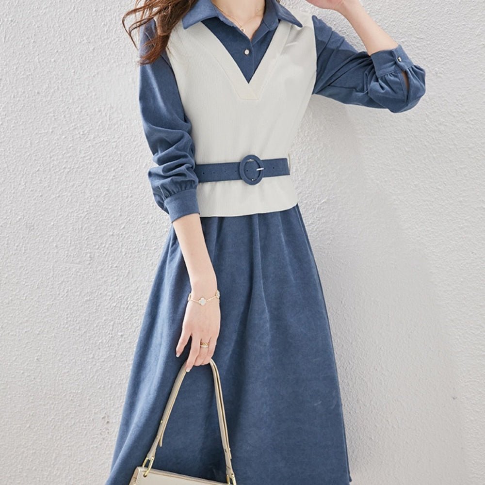 オフィスカジュアル 秋 フェイクレイヤードシャツワンピース ミレジェネ