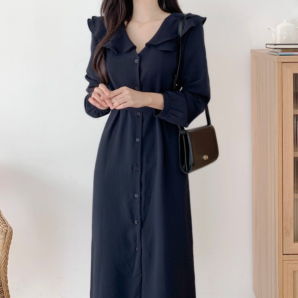 フリル襟フロントボタンワンピース|オフィスカジュアル レディース 通販【ミレジェネ】