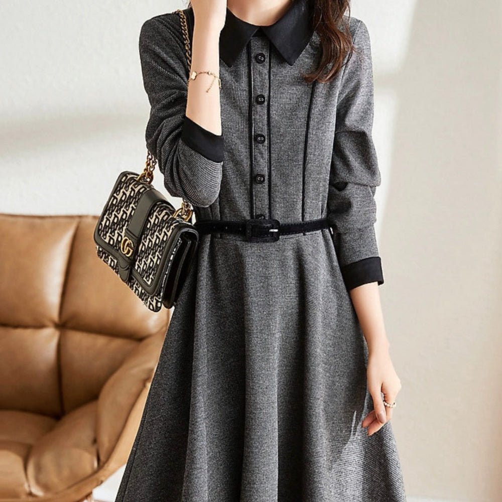 襟付き腰ベルトロングワンピース|オフィスカジュアル レディース 通販【ミレジェネ】