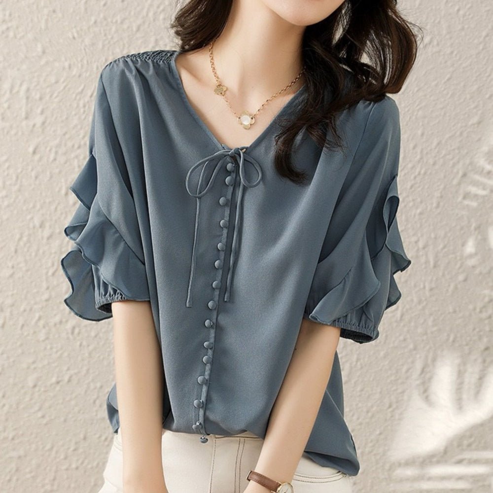 フリルスリーブリボンブラウス|オフィスカジュアル レディース 通販【ミレジェネ】