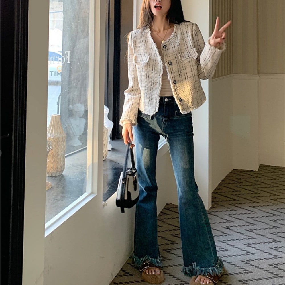 チェック柄ノーカラーツイードジャケット|オフィスカジュアル レディース 通販 Millennial Generation【ミレジェネ】