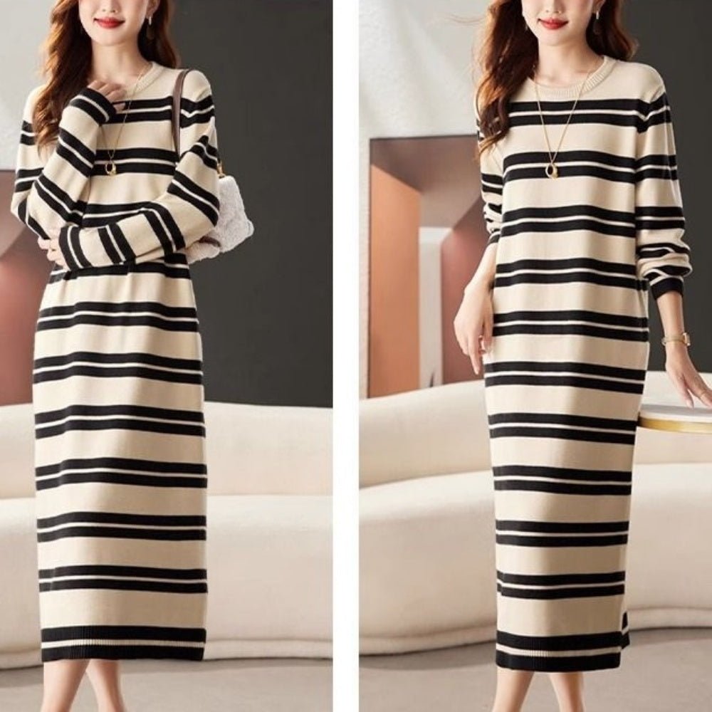 オフィスカジュアル 秋 配色ボーダーニットワンピース ミレジェネ