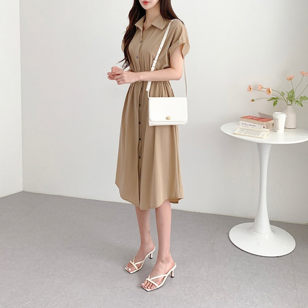 オフィスカジュアル 夏 共布ベルト付き開襟半袖ワンピース ミレジェネ