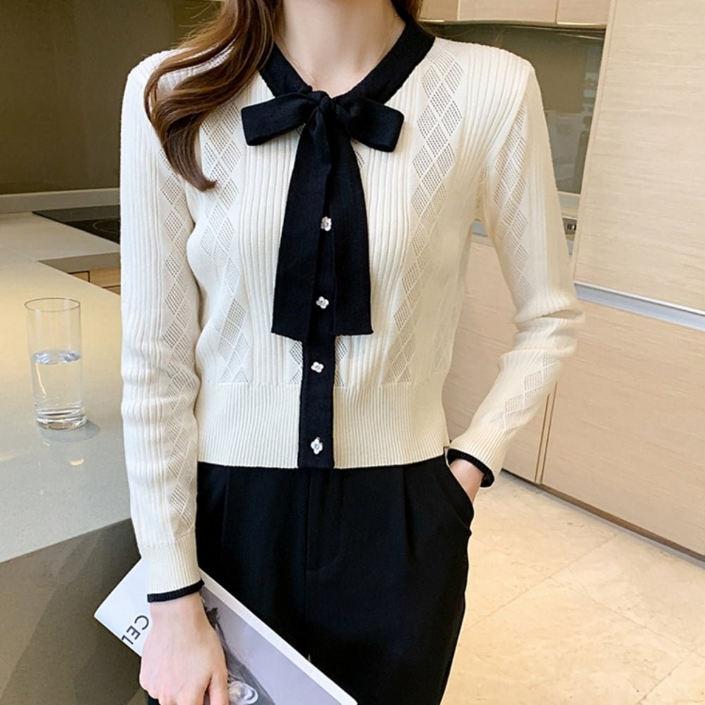 配色ボウタイ付きカーデ風ニットトップス|オフィスカジュアル レディース 通販【ミレジェネ】
