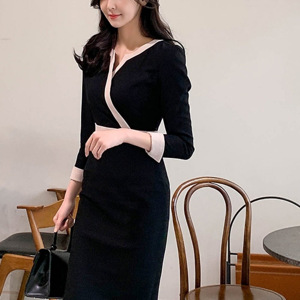 配色ラインVネックスリムワンピース|オフィスカジュアル レディース 通販【ミレジェネ】