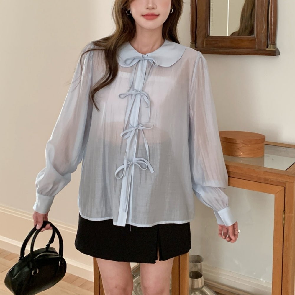 フラットカラーナローリボンシアーブラウス|オフィスカジュアル レディース 通販【ミレジェネ】