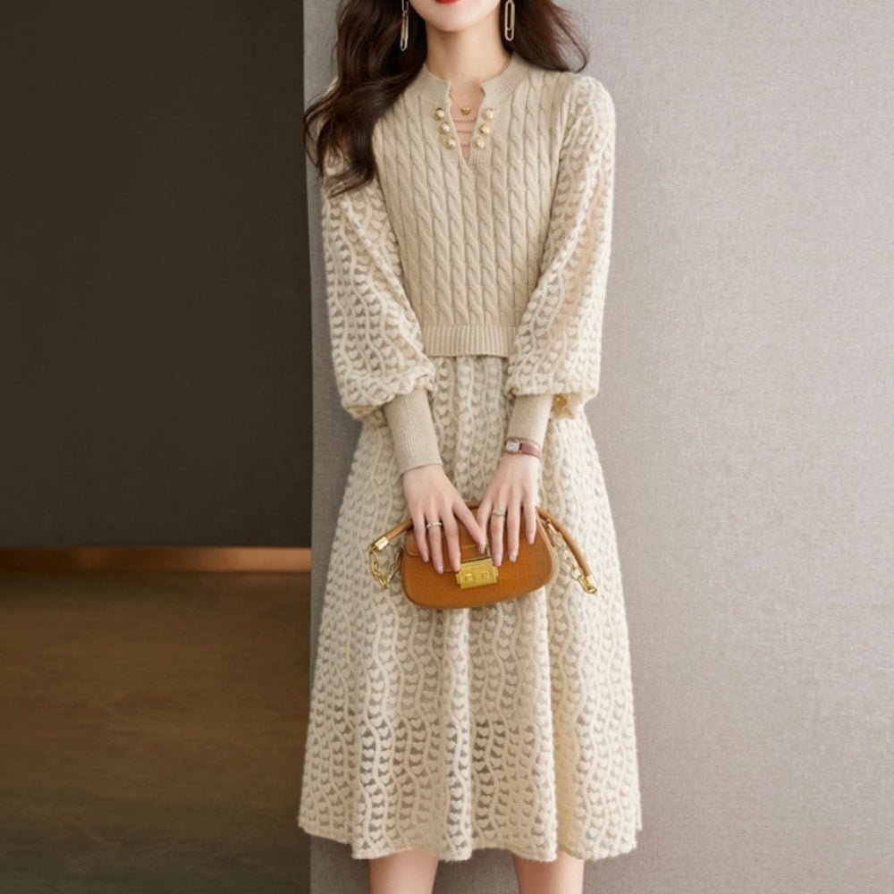 ランタンスリーブシースルー編みニットワンピース|オフィスカジュアル レディース 通販【ミレジェネ】