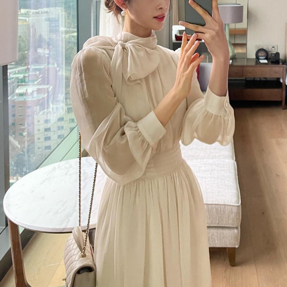 ボウタイネックシフォンフレアワンピース|オフィスカジュアル レディース 通販【ミレジェネ】