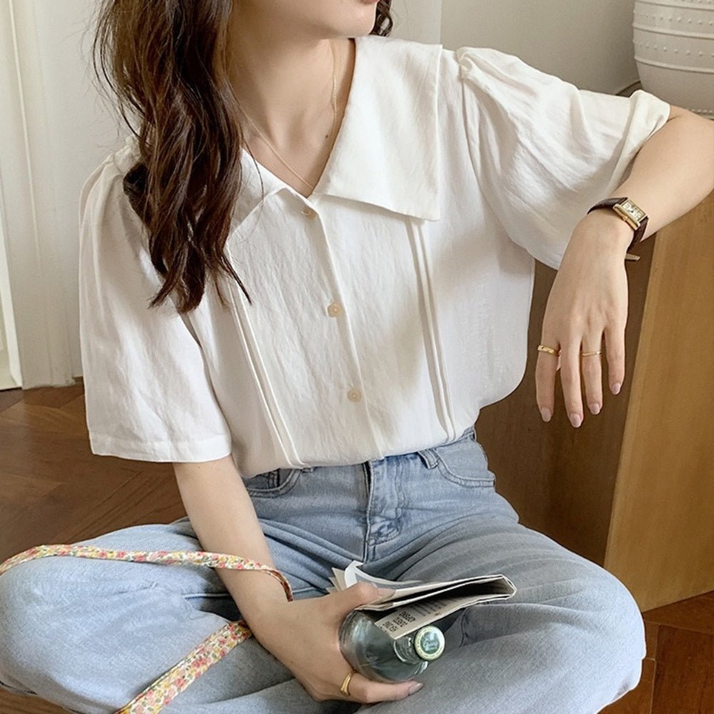 オフィスカジュアル 夏 大きめ襟ピンタック半袖ブラウス ミレジェネ