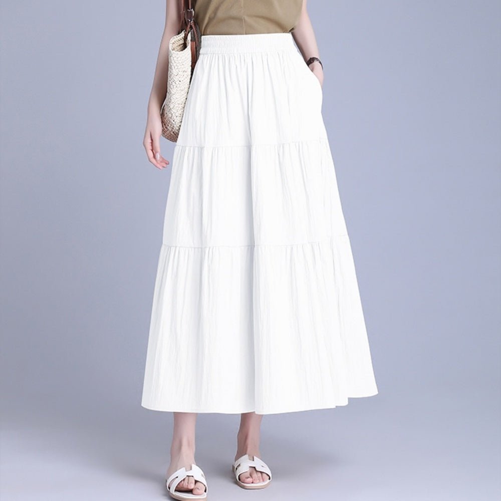 オフィスカジュアル 夏 総ゴムティアードロングスカート ミレジェネ