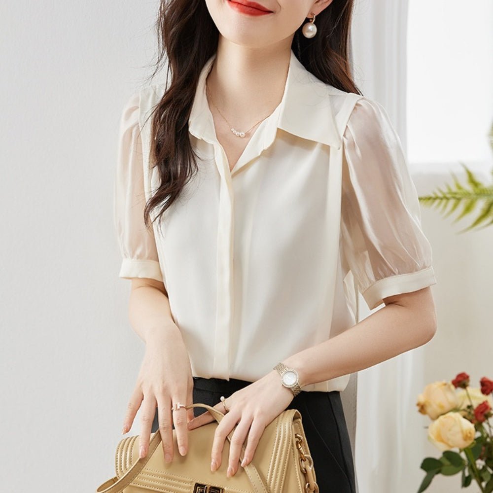 異素材切替パフスリーブブラウス|オフィスカジュアル レディース 通販【ミレジェネ】