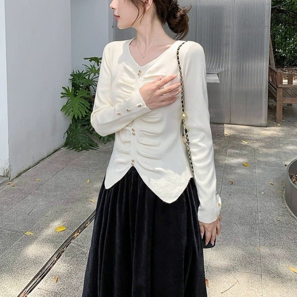 ゴールドボタンハートネックニットトップス|オフィスカジュアル レディース 通販【ミレジェネ】