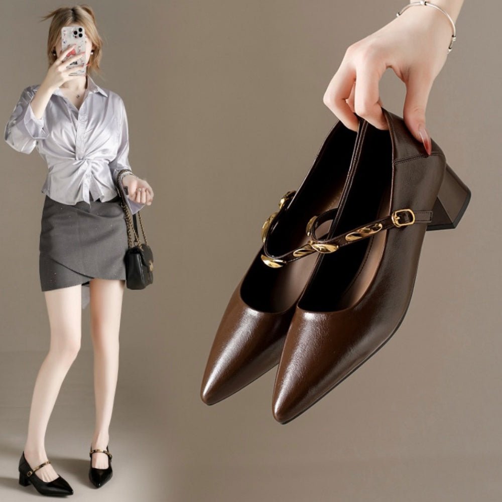 スクエアヒールゴールドストラップパンプス|オフィスカジュアル レディース 通販【ミレジェネ】