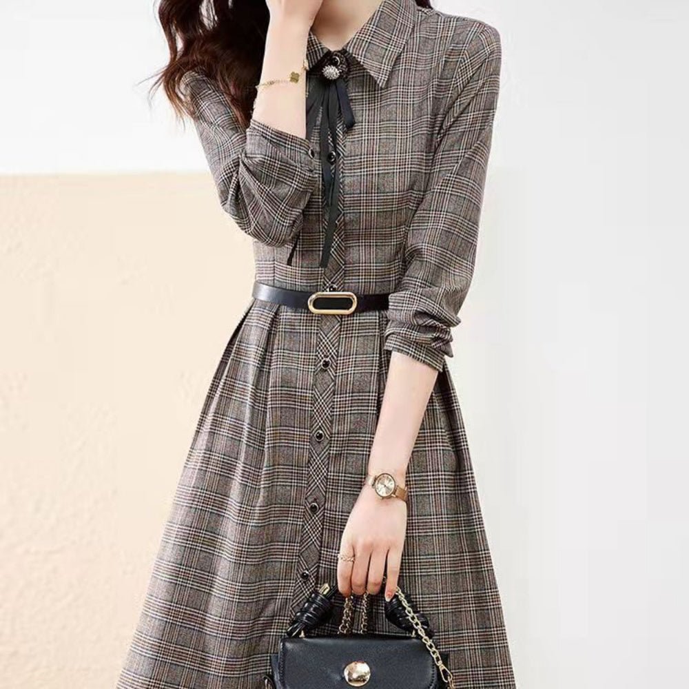 リボン付きチェック柄ひざ丈ワンピース|オフィスカジュアル レディース 通販【ミレジェネ】