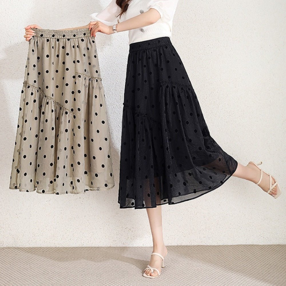オフィスカジュアル 夏 ドットチュール切り替えロングスカート ミレジェネ