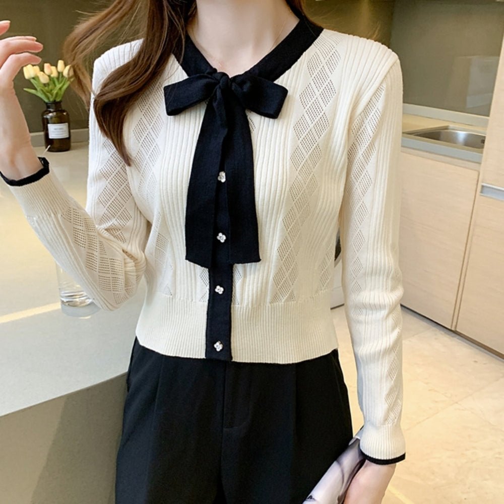 配色ボウタイ付きカーデ風ニットトップス|オフィスカジュアル レディース 通販【ミレジェネ】