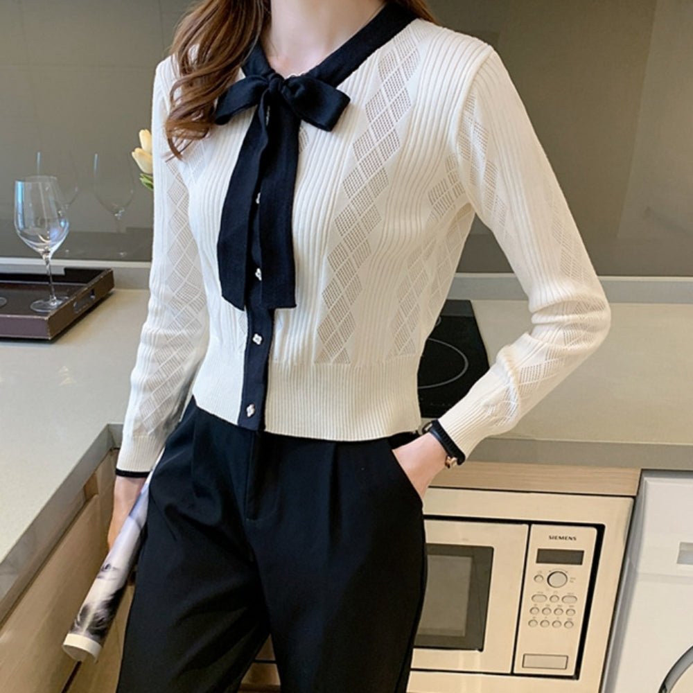配色ボウタイ付きカーデ風ニットトップス|オフィスカジュアル レディース 通販【ミレジェネ】
