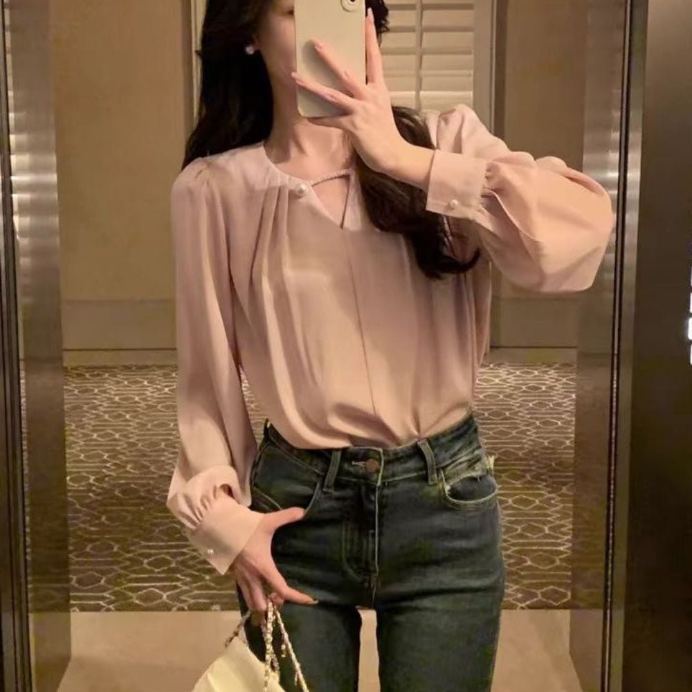 パールアクセントキーネックブラウス|オフィスカジュアル レディース 通販【ミレジェネ】