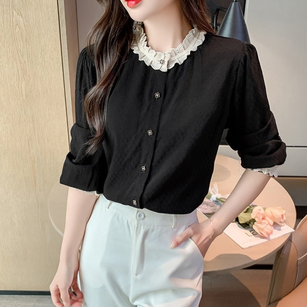 配色フリルトリムノーカラーブラウス|オフィスカジュアル レディース 通販【ミレジェネ】