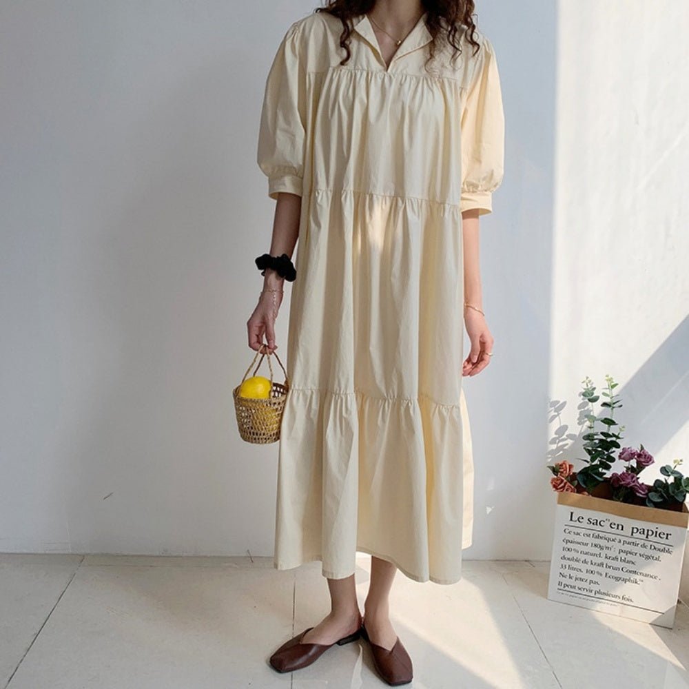 開襟パフスリーブティアードワンピース|オフィスカジュアル レディース 通販 Millennial Generation【ミレジェネ】