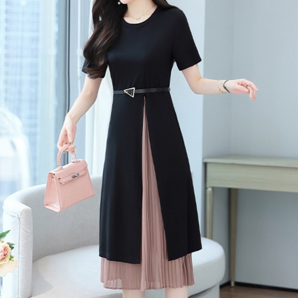 ベルト付きプリーツ切り替え半袖ワンピース|オフィスカジュアル レディース 通販 Millennial Generation【ミレジェネ】