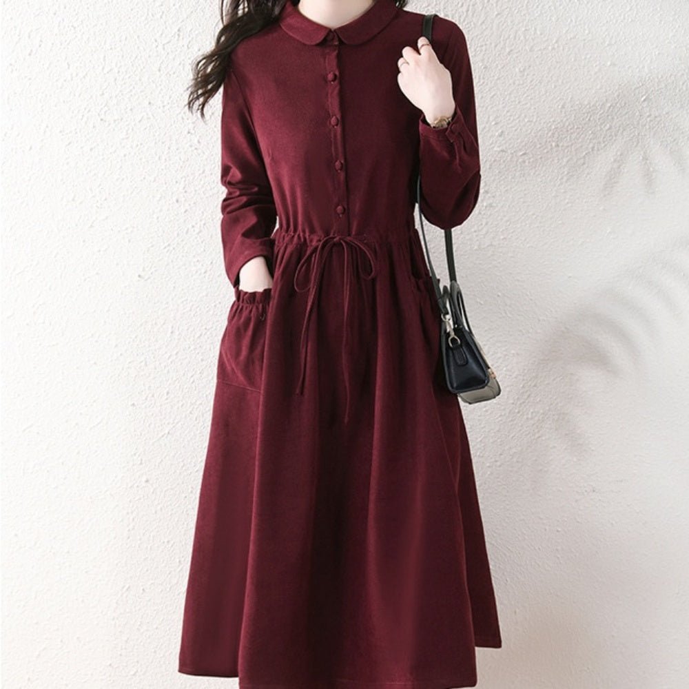 オフィスカジュアル 冬 くるみボタンウエスト切り替えワンピース ミレジェネ