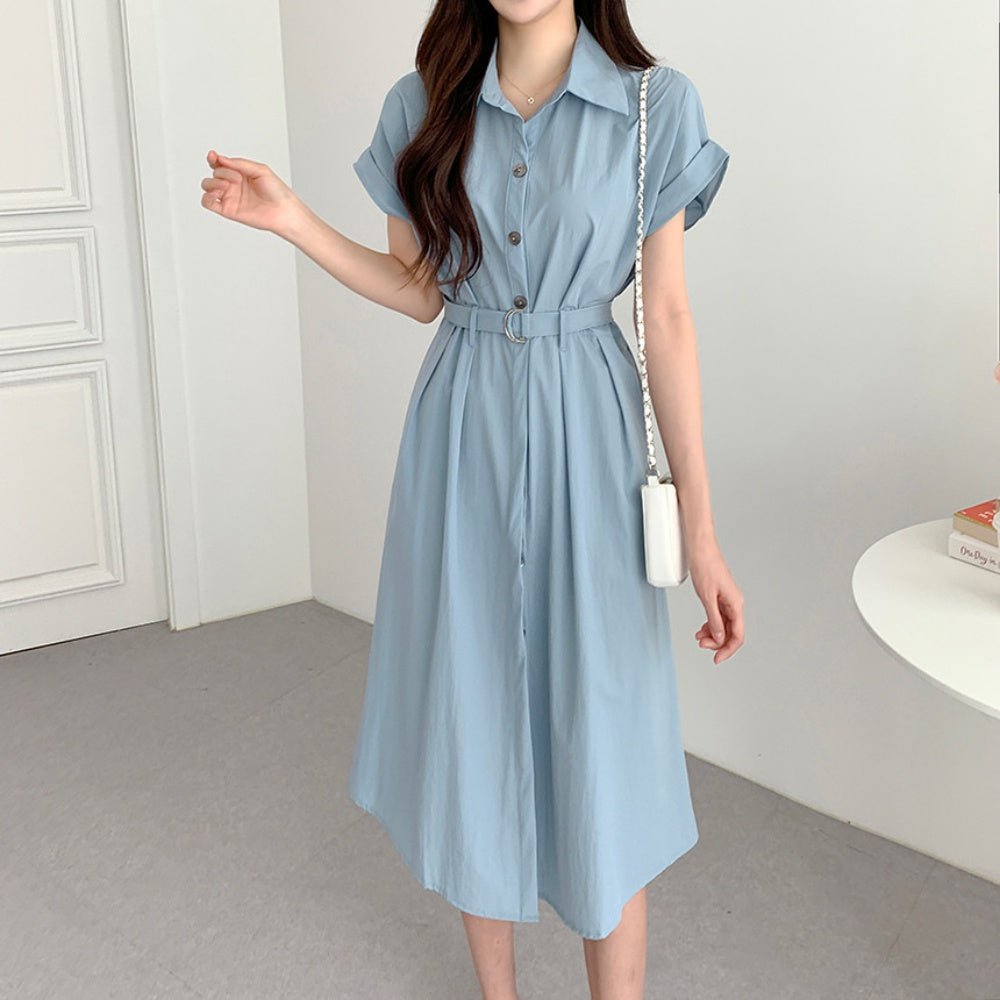 共布ベルト付き開襟半袖ワンピース|オフィスカジュアル レディース 通販 Millennial Generation【ミレジェネ】