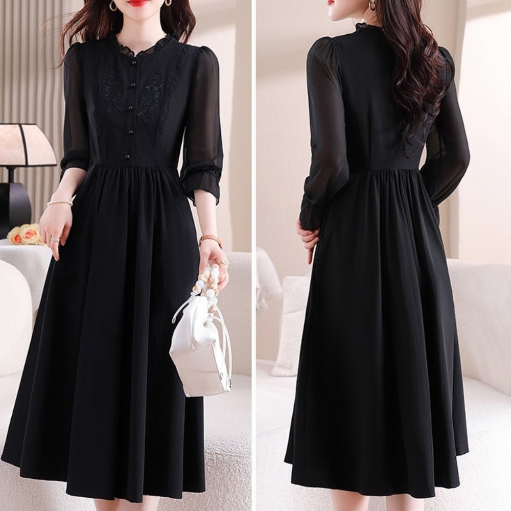 オフィスカジュアル 秋 袖シフォンウエスト切り替え刺繡ワンピース ミレジェネ