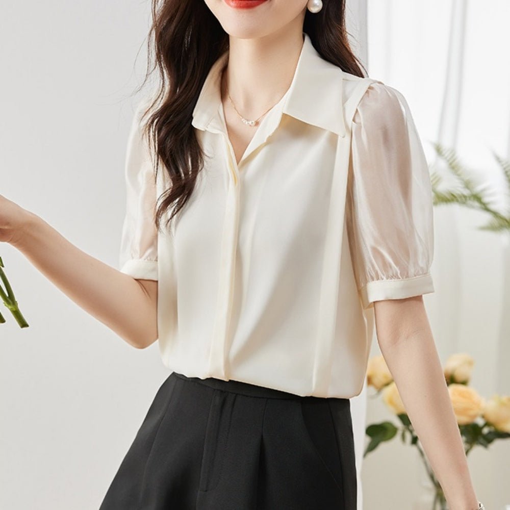 異素材切替パフスリーブブラウス|オフィスカジュアル レディース 通販【ミレジェネ】